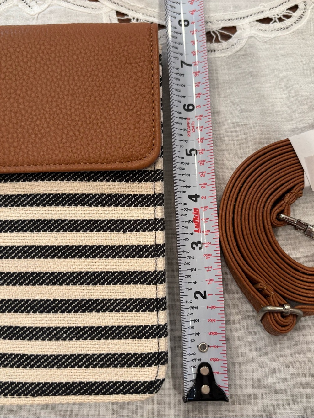 thirty-one Striped Crossbody Phone Bag in Black and Cream with Brown Trim - Picture 2 of 3